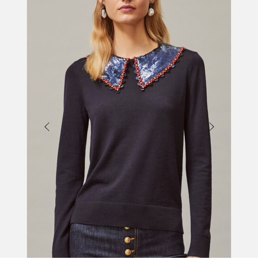 Tory Burch Navy Embellished Pullover with detachable sequin collar NWT small